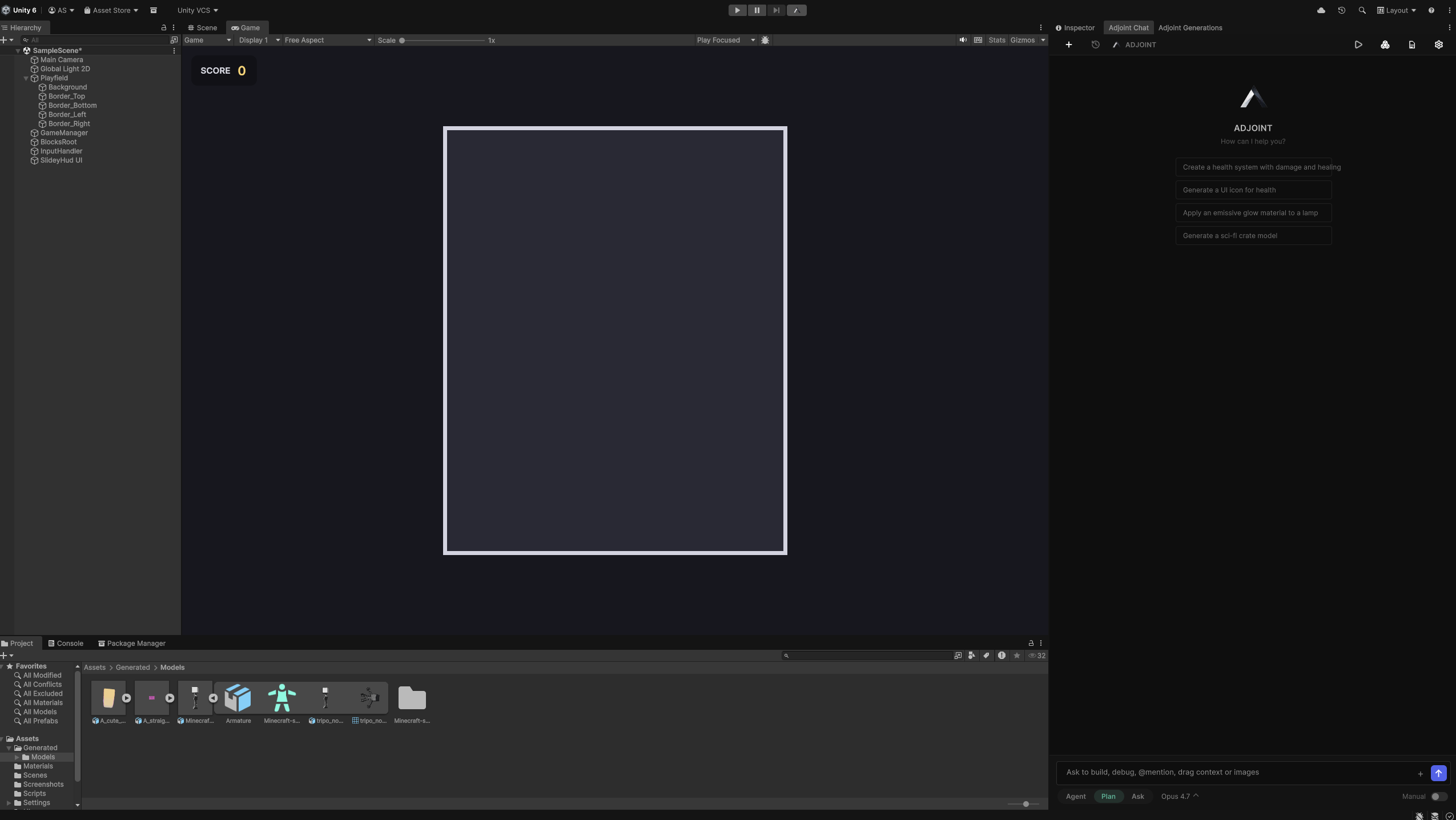 The Adjoint chat window docked on the right side of the Unity Editor, showing a Unity scene on the left and the Adjoint chat panel on the right with starter prompts and the input bar.